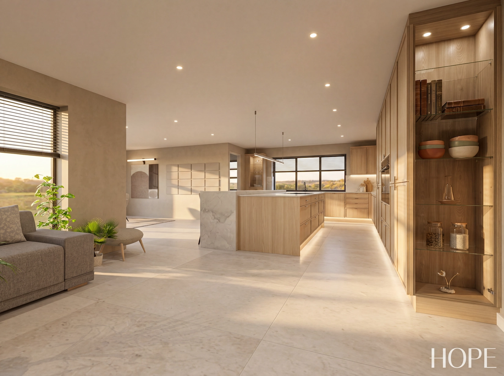 Open plan kitchen and living space with island and timber cabinetry