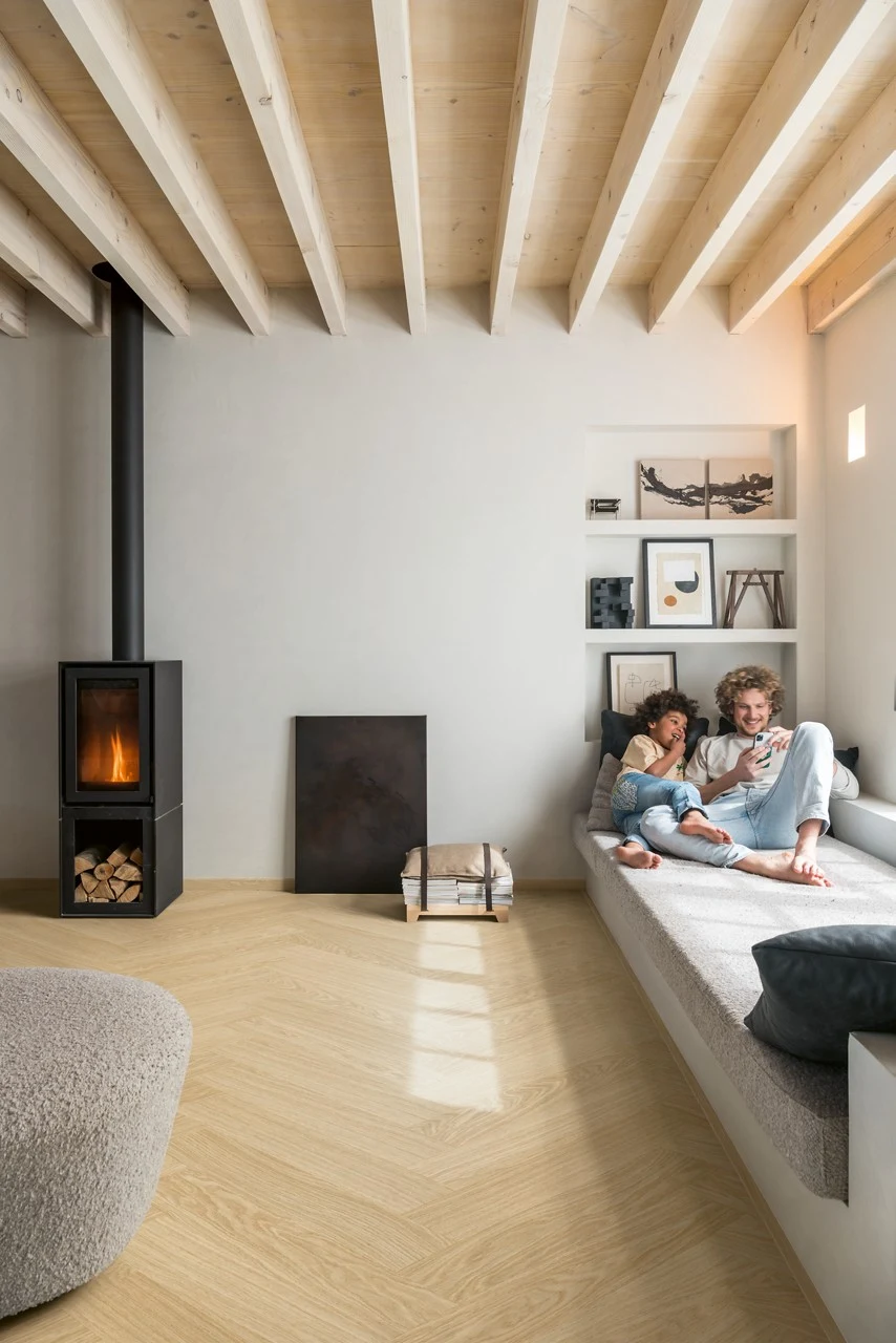 Pale oak flooring in a living room with wood burning stove