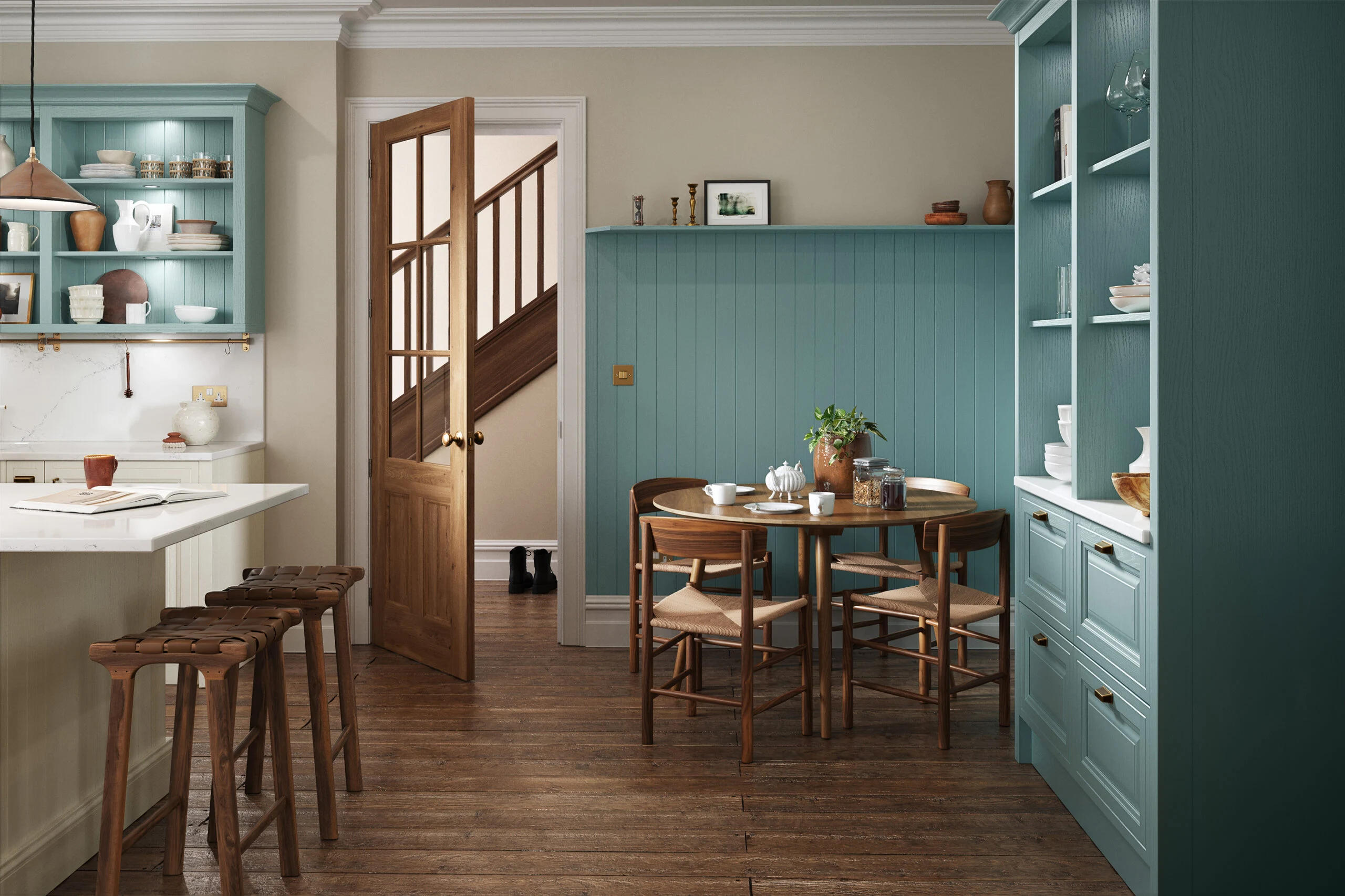Shaker kitchen in light teal with dining area and timber flooring