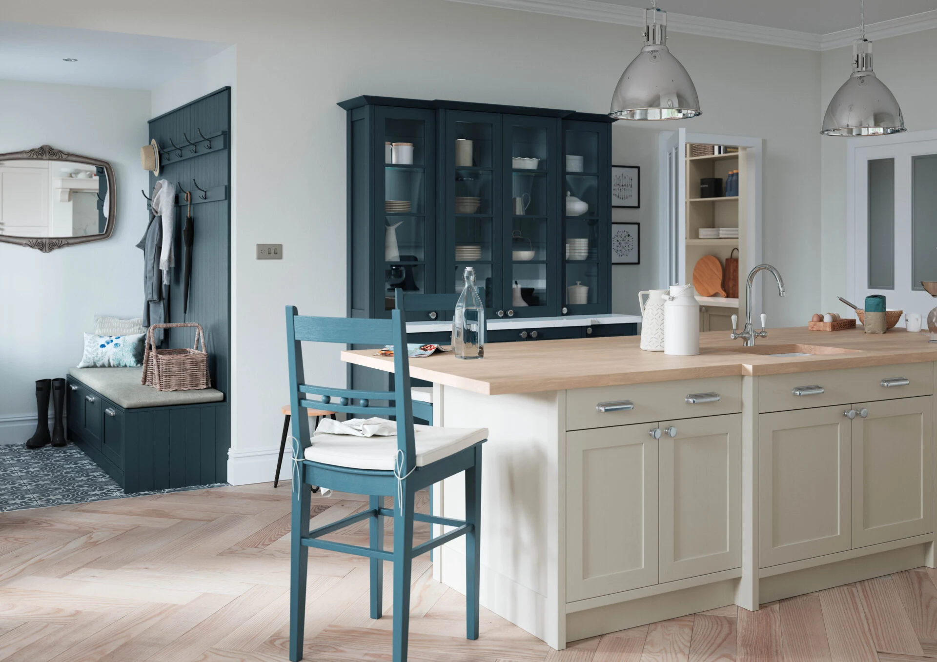 Shaker kitchen in navy and stone with central island