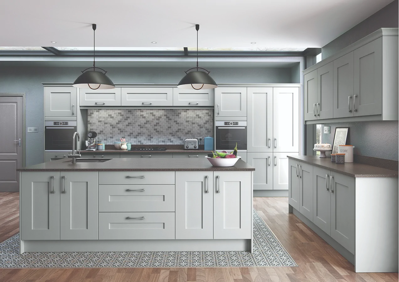 Interior design Ceredigion: Shaker kitchen in pale grey with island and marble splashback