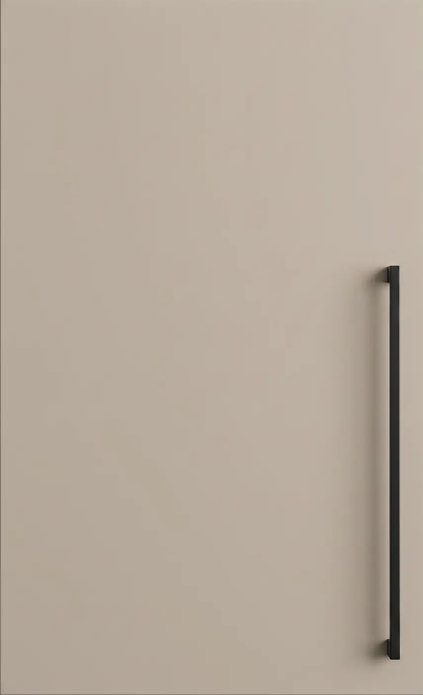 Handleless slab kitchen door in taupe with long black bar handle
