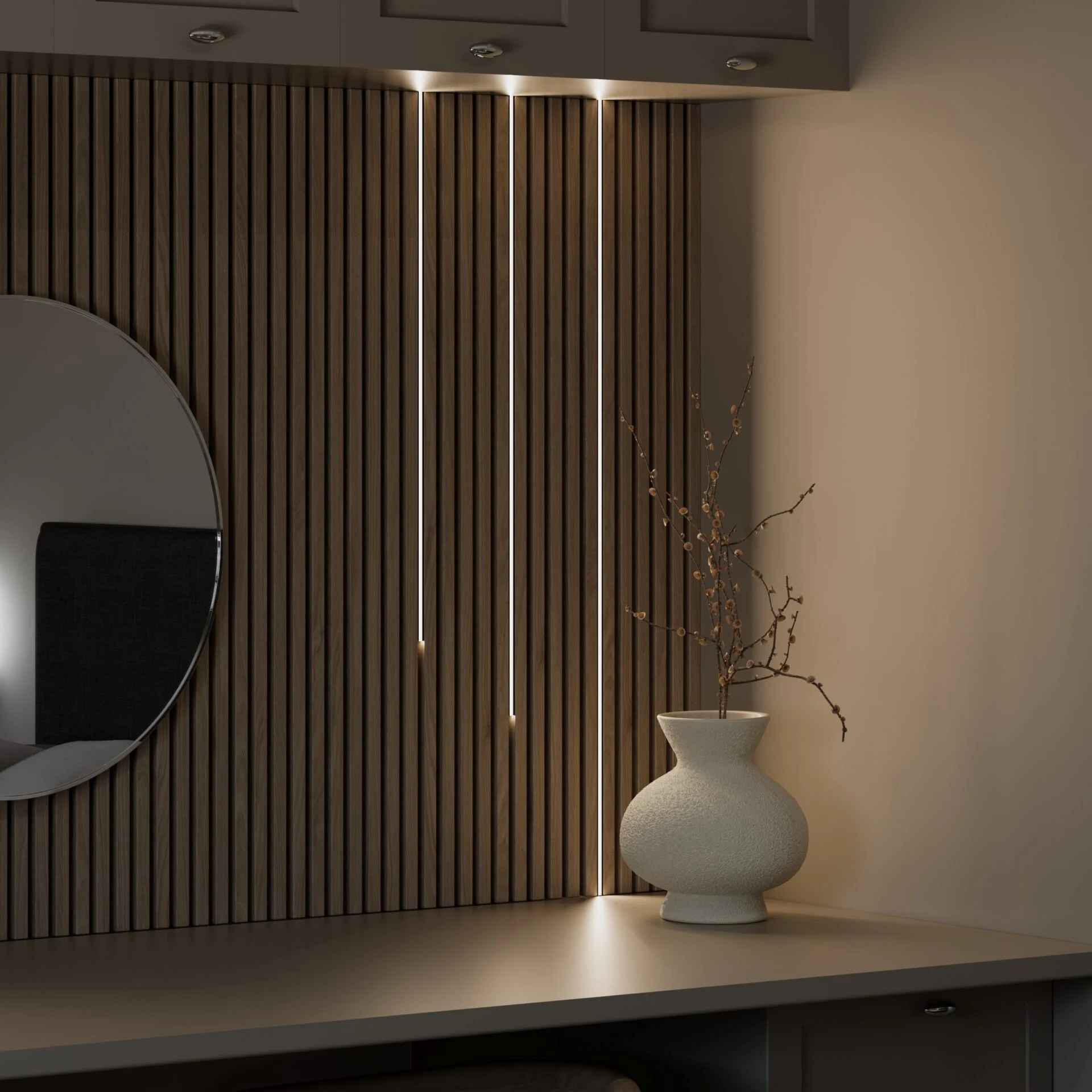 Slatted timber panel wall with round mirror and vase