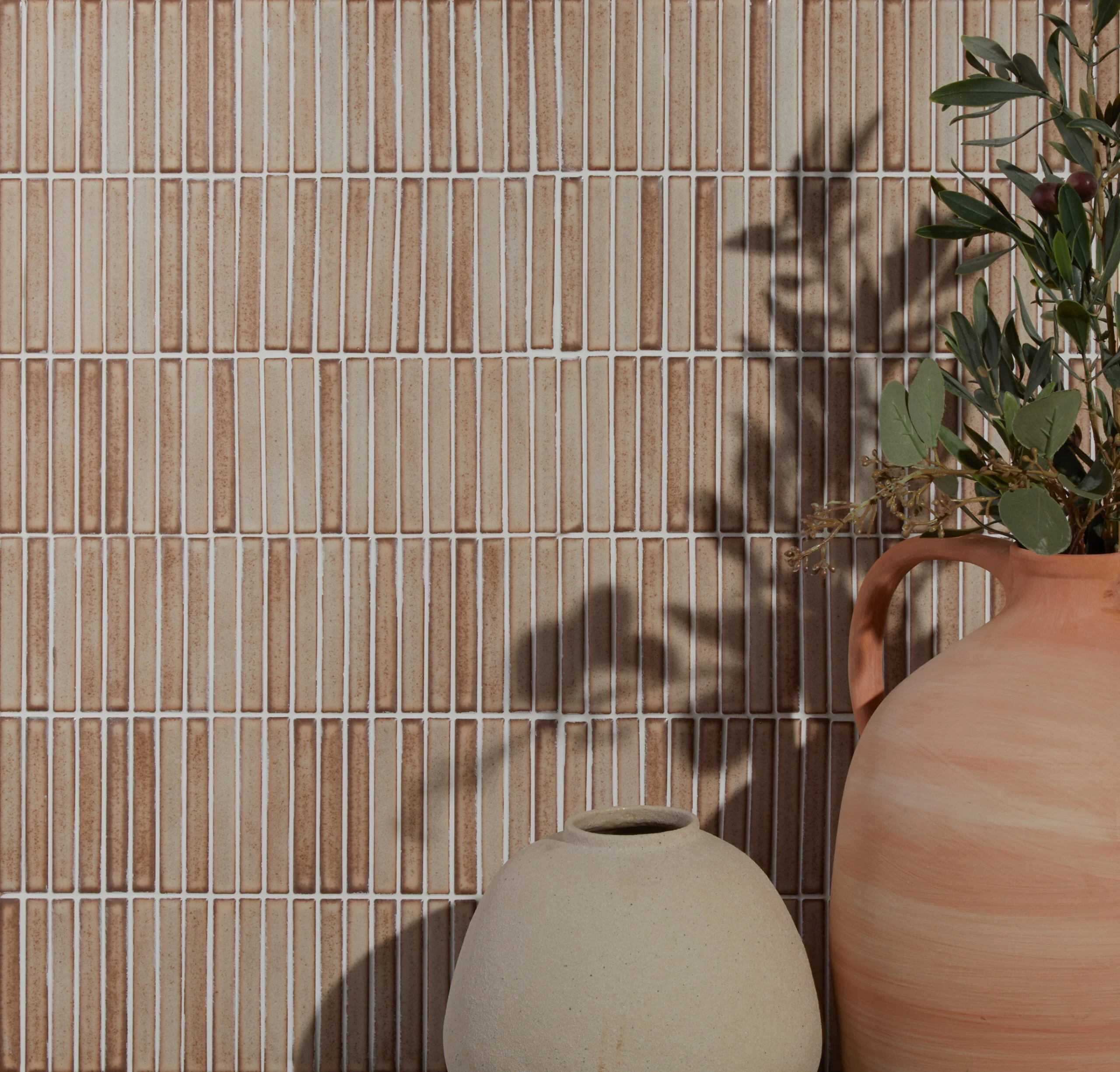 Terracotta lustre mosaic tiles with terracotta pots